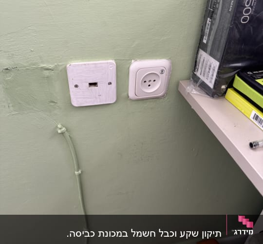 שקע חשמל ושקע טלפון על קיר ירוק